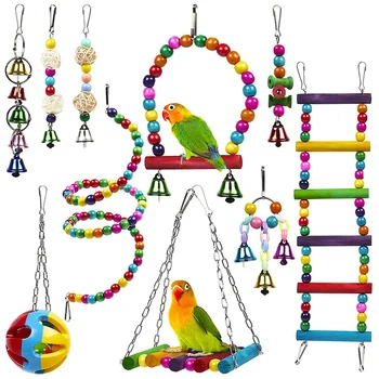10 упаковок игрушек в птичью клетку для попугаев, надежных и жевательных - Качели, подвесной мостик для жевания, деревянные бусины, игрушки-колокольчики.