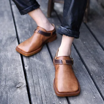Artmu/ Женская обувь с квадратным носком, повседневная обувь на плоской подошве из натуральной кожи, 2023, Роскошные дизайнерские Черные лоферы с ремешком и пряжкой, Женская обувь