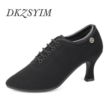 DKZSYIM/ Женские Туфли для латиноамериканских танцев, Черные туфли для танго из ткани Оксфорд, Обувь для бальных танцев Сальсы, Обувь для танцев с Круглым носком на Высоком каблуке 5/7,5 СМ