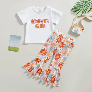 FOCUSNORM/ комплекты одежды для девочек от 0 до 5 лет, 2 шт., футболка с коротким рукавом и буквенным принтом, расклешенные брюки с цветочным рисунком