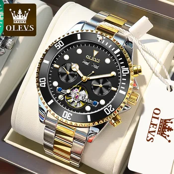 OLEVS Мужские часы с турбийоном и скелетом, автоматические Механические часы со стальным ремешком, водонепроницаемые наручные часы, мужские часы люксового бренда