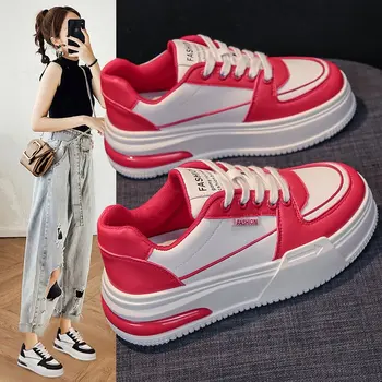 бело-красные туфли, женские кроссовки на платформе, модная вулканизированная обувь на шнуровке, Фирменный дизайн, Повседневная уличная парусиновая обувь 2023