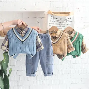 Весенне-осенний комплект одежды для мальчиков из 3 предметов, свитер, жилет, хлопковые рубашки в клетку, Джинсы, брюки, Детская одежда, костюм