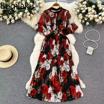 Винтажное платье с воротником-стойкой Bugilaku, женское темпераментное платье с цветочным принтом, элегантные платья, женская летняя мода, плиссированный халат Femme
