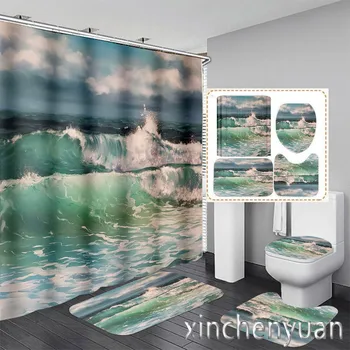Искусство океанской волны 3D Печать Водонепроницаемая занавеска для душа в ванной, крышка унитаза, нескользящий коврик для пола, ковер (1/3 / 4шт) W19