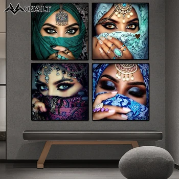 Красивая индийская женщина Печать на холсте Декоративная Живопись Арабский исламский плакат Настенное искусство Девушка Рисунок Картина Роскошный Декор гостиной