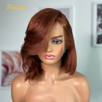 Красновато-шоколадный короткий Боб 13x4, парики из человеческих волос на кружеве, Бразильские цветные парики с прямой волной на кружеве для женщин