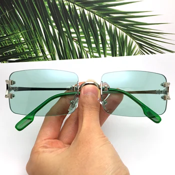 Маленькие зеленые прямоугольные солнцезащитные очки винтажных оттенков для женщин, Квадратные солнцезащитные очки без оправы, мужские и женские Уникальные очки от бренда