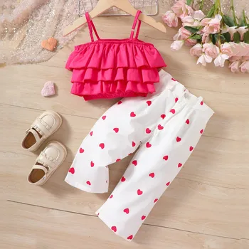 Модная летняя детская одежда, новинка, розово-красный топ на подтяжках для девочек + штаны с принтом в форме сердца, повязка на голову, Подарочный набор