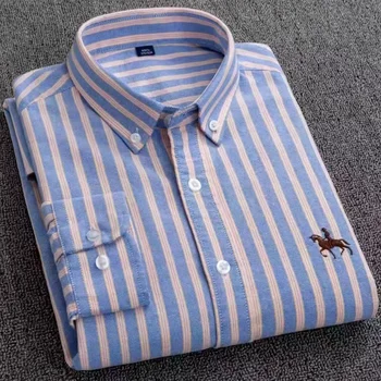 Мужская рубашка Оксфорд из 100 хлопка с длинным рукавом, приталенная рубашка размера S ~ 7XL, мужские повседневные рубашки в клетку и полоску с длинным рукавом, карманные рубашки обычного кроя