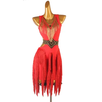 Новое платье для латиноамериканских танцев Платье для соревнований Костюмы Юбка Платье для выступлений Стразы для взрослых на заказ Детская юбка с красной бахромой