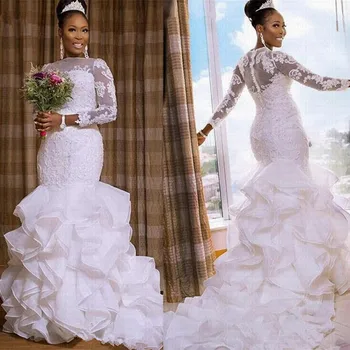Новое Свадебное платье Русалки с оборками 2023, Кружевной халат с длинными рукавами в африканском стиле, Vestidos De Novia