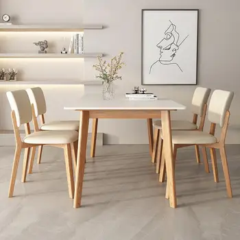 Обеденный стол из массива дерева, Домашний Кремовый стиль, Маленькая квартира, Современный простой обеденный стол из белой каменной доски, Прямоугольный обеденный стол