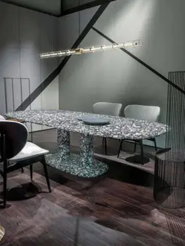 Овальная каменная плита, роскошный прямоугольный обеденный стол и стул на несколько персон, сочетание современного простого творческого стола