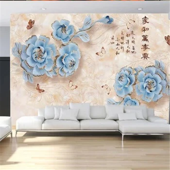 Пользовательские 3D обои с синим тиснением дом и богатый цветок пиона фон дивана для гостиной настенная роспись из папье-маше 5d обои
