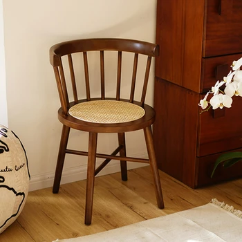 Простые Виндзорские стулья из массива дерева в японском стиле, Домашние Круглые обеденные стулья из ротанга, плетеные из средневекового бревна, Круглый стул со спинкой