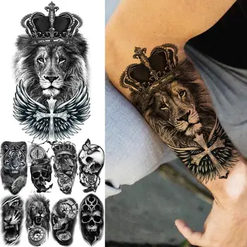 Реалистичные временные татуировки со скрещенными крыльями Льва для мужчин, взрослый череп Тигра, компас, поддельная татуировка, водонепроницаемые татуировки для боди-арта