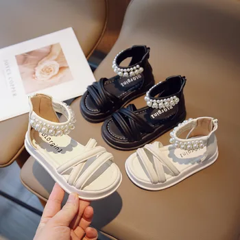 Римские детские сандалии для девочек, 2023, детская обувь с бисером, детская пляжная обувь на плоской подошве, летние сандалии для девочек, обувь принцессы 3-12