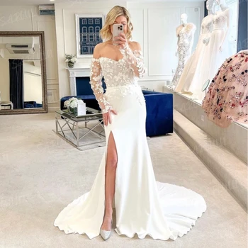 Сексуальное свадебное платье с аппликацией из 3D цветов с высоким разрезом, длинные прозрачные рукава, свадебные платья из крепа с открытыми плечами, длинный шлейф, Милая 2023