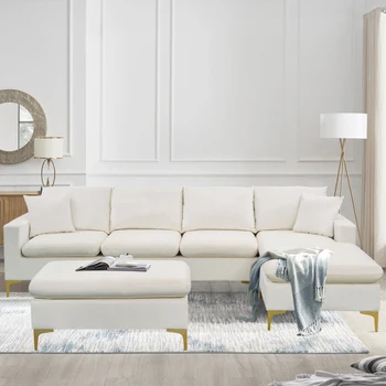 Секционный диван с пуфиком, L-образный Элегантный диван с бархатной обивкой и 2 подушками для гостиной квартиры