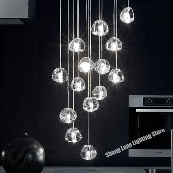 Современная хрустальная светодиодная люстра для лестницы, роскошный подвесной светильник Cristal Ball в скандинавском дизайне с капельками воды, светильник для внутреннего освещения