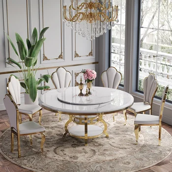 Современный круглый мраморный обеденный стол 59 дюймов на 8-10 персон с белой лентой Lazy Susan, золотая основа из нержавеющей стали
