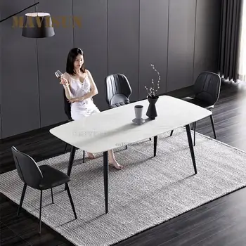 Сочетание обеденного стола и стула из скандинавского натурального мрамора Прямоугольный современный простой обеденный стол для маленькой квартиры на 6 персон