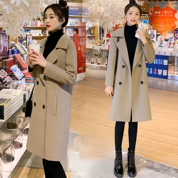 Теплое женское пальто во французском ленивом стиле, Свежая зимняя мода, Двубортное шерстяное пальто большого размера, Теплое свободное шерстяное пальто V4
