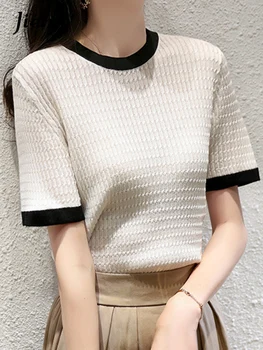 Трикотажная Открытая Белая футболка Jielur, женский топ контрастного цвета, футболки с коротким рукавом, летние Тонкие топы корейской женской одежды 2022 года